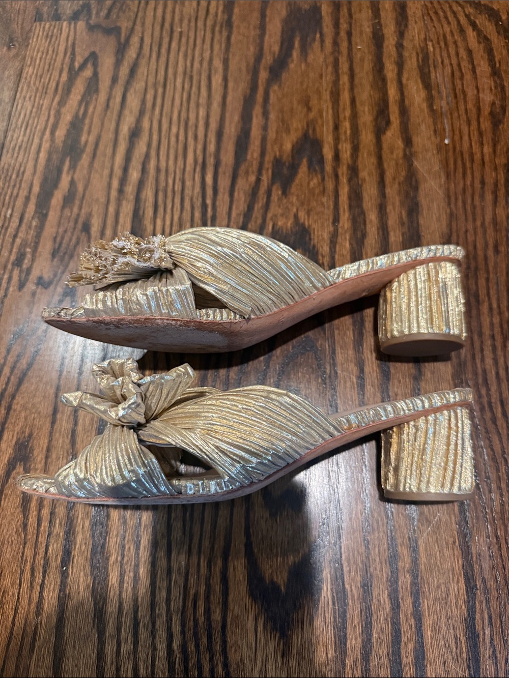Loeffler Randall Metallic Gold Pleated Knot Slide Sandals - Picture 2 of 5